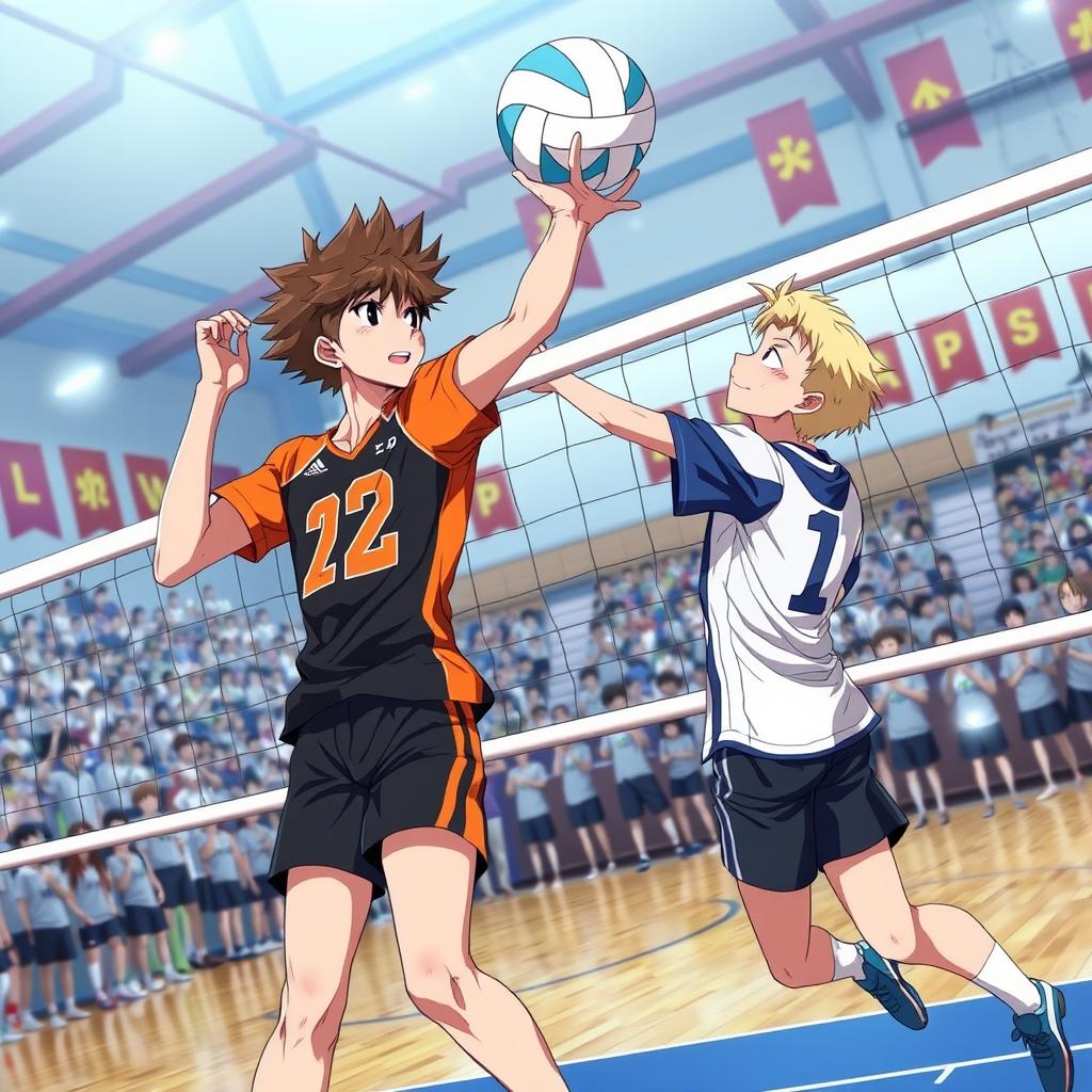 A dynamic scene featuring characters from a volleyball anime inspired by a team atmosphere, showcasing the energy and passion of sports