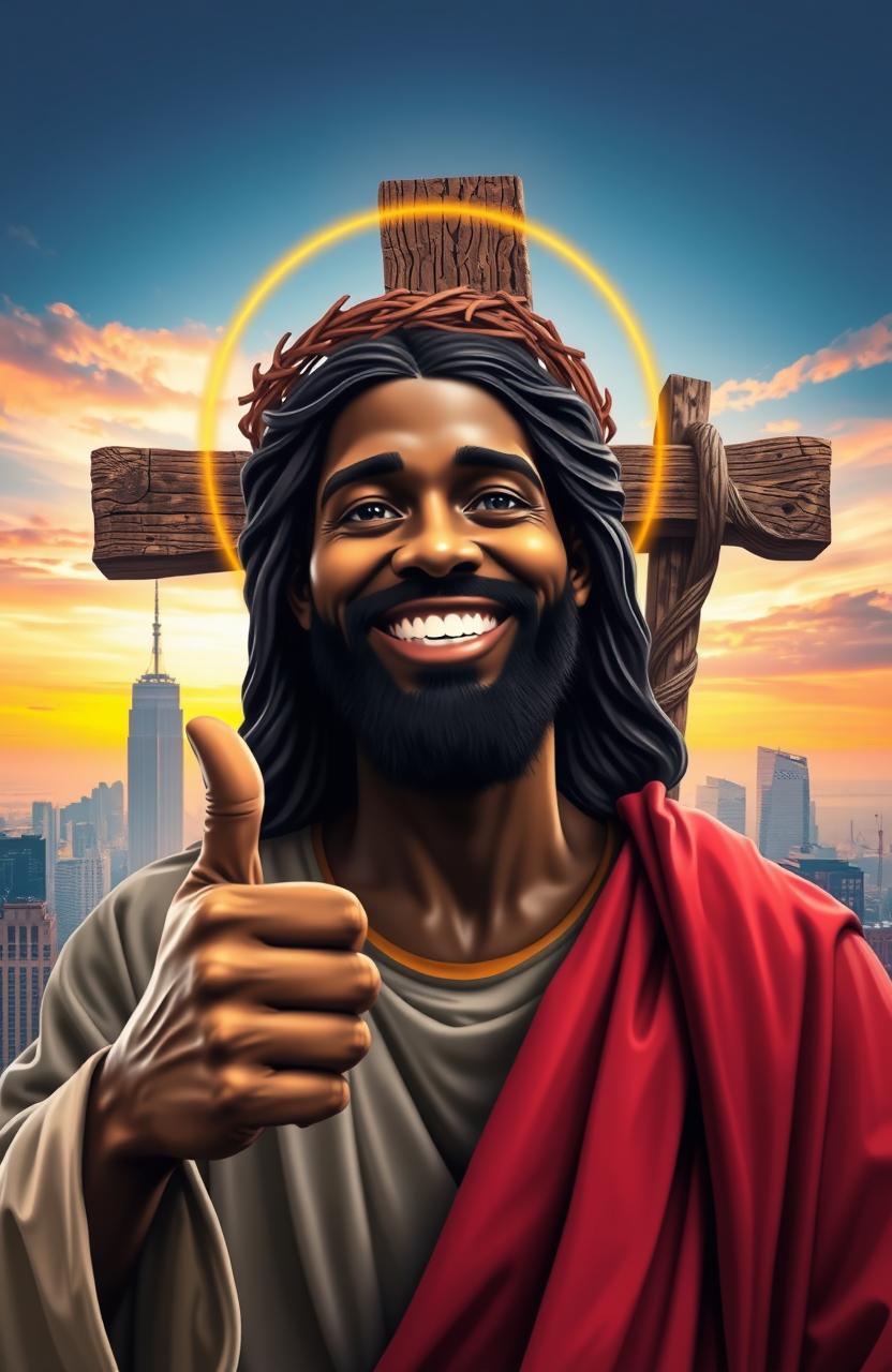 A depiction of a black Jesus smiling and giving a thumbs up, radiating positivity