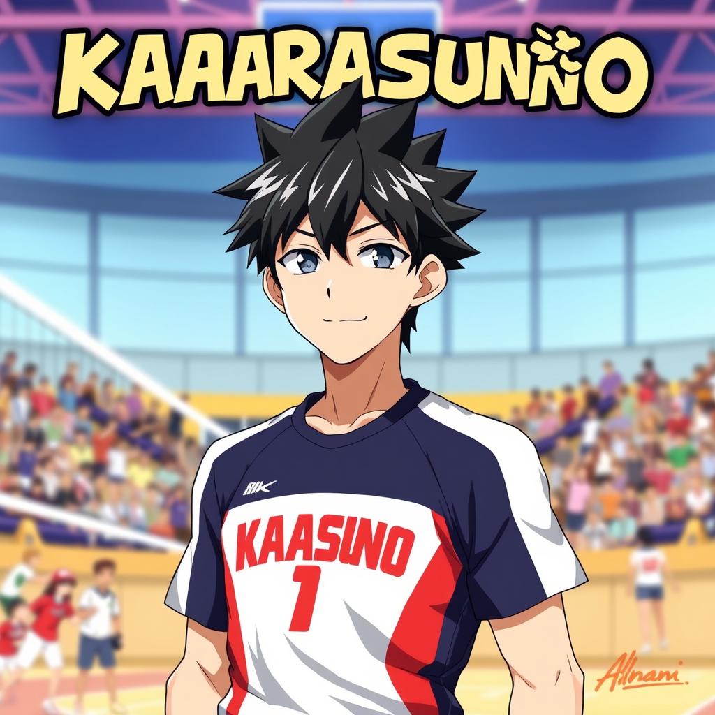 A character design of a male anime character from Karasuno High School, wearing a dynamic volleyball uniform, featuring the team colors and logo prominently