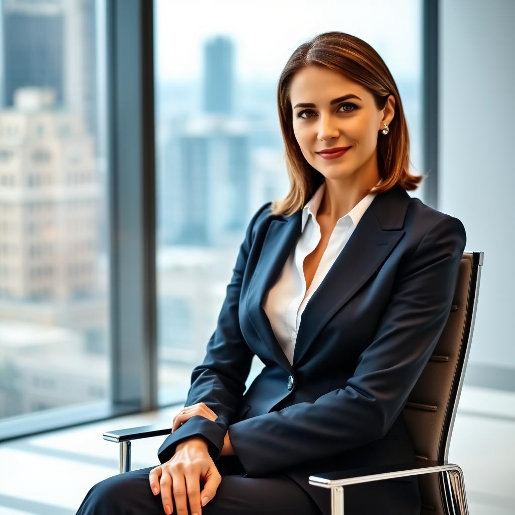 A confident woman wearing a tailored, professional suit, seated elegantly in a modern office chair