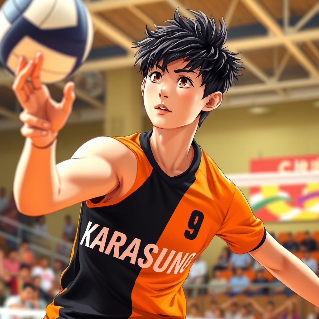A young male volleyball player in a vibrant orange and black uniform, representing a team named Karasuno