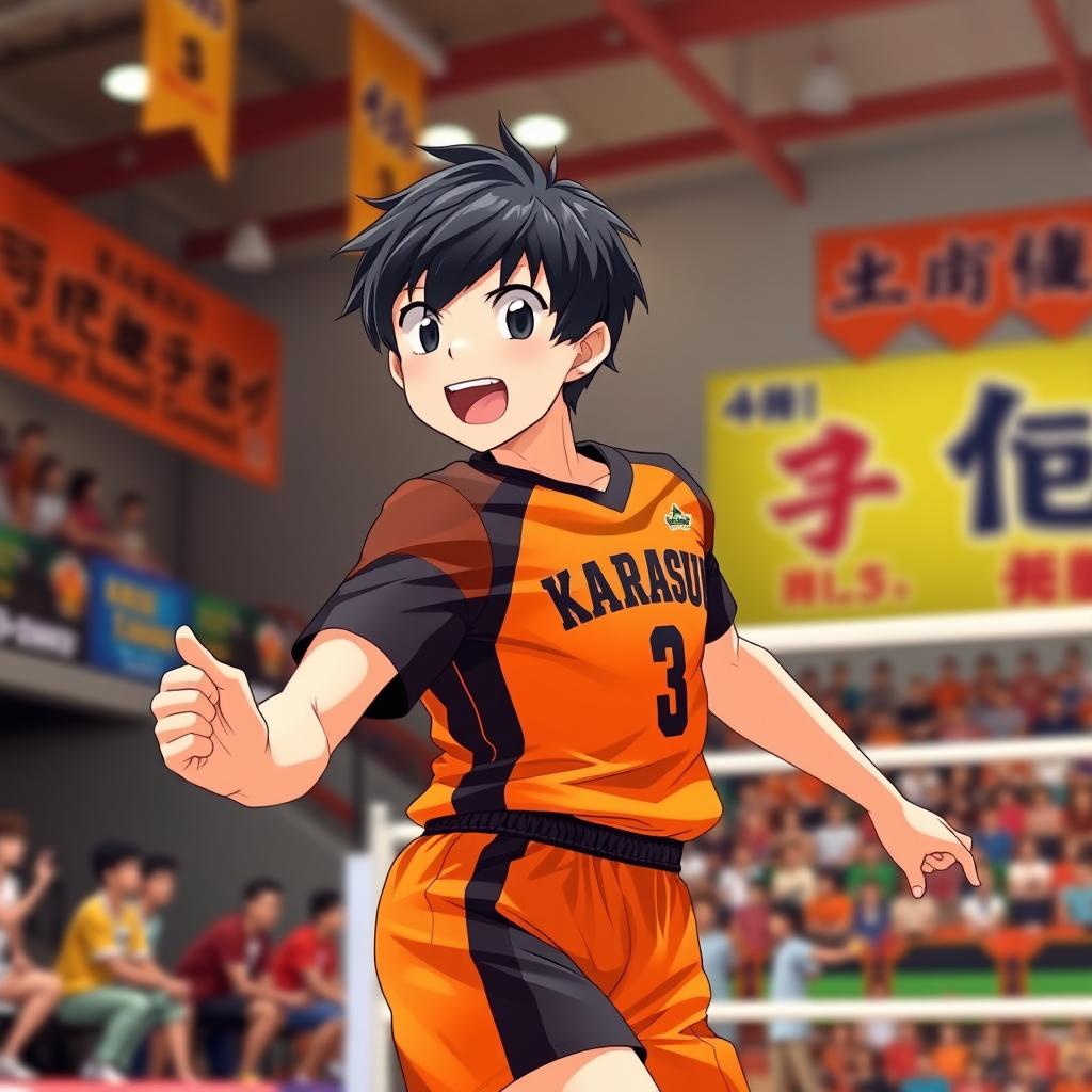 A boy wearing a vibrant Karasuno High School volleyball uniform, featuring bright orange and black colors