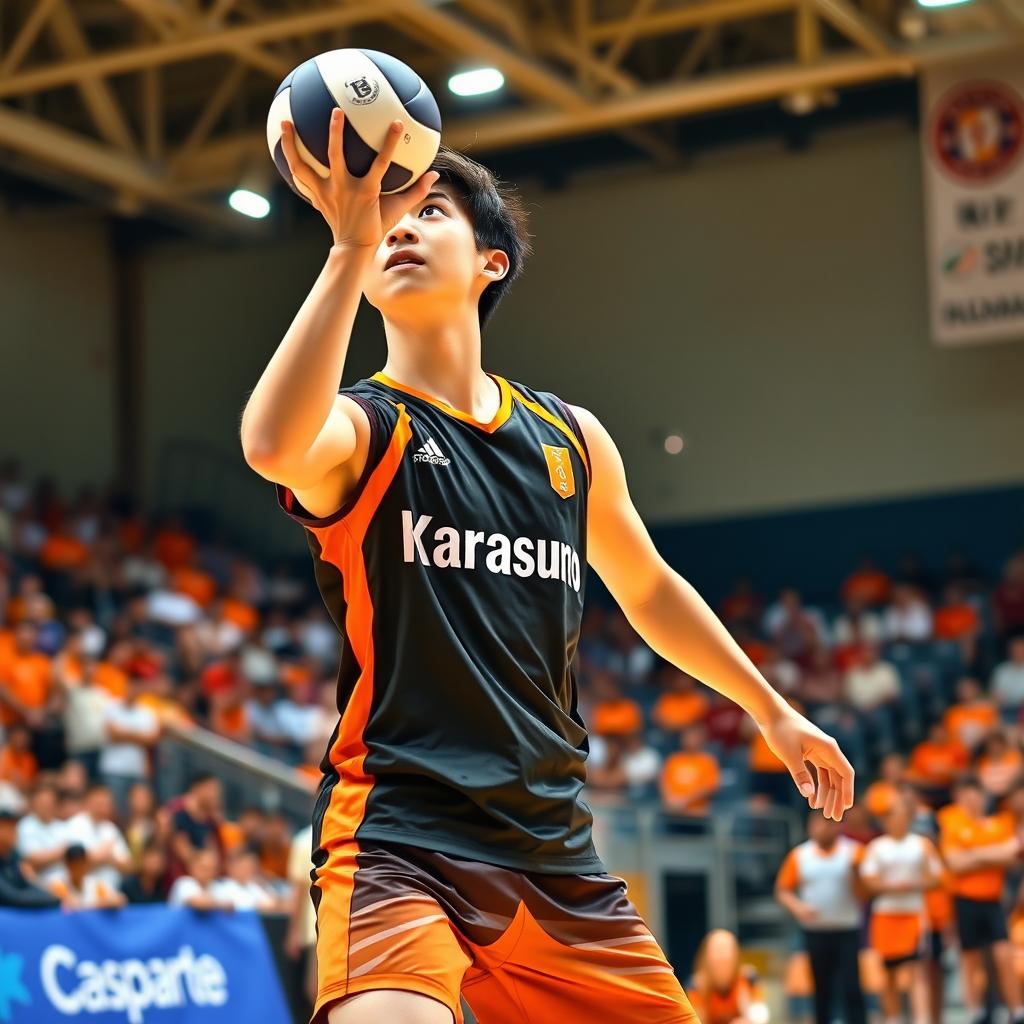 A young male athlete in a volleyball uniform with the name 'Karasuno' prominently displayed