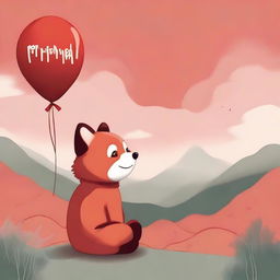 A child with a red panda face, sitting in profile gazing at a landscape with a cloudy red sky, holding a balloon in his hand with the word 'minimal' written on it