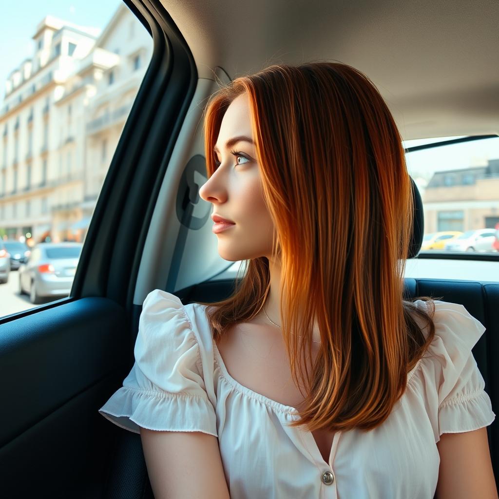 A young woman sitting in the back seat of a taxi in Paris, gazing out the window at the beautiful streets adorned with luxury boutiques