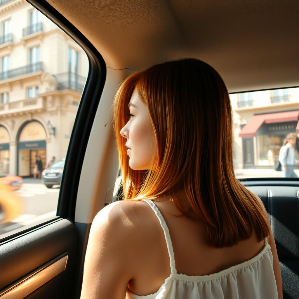 A young woman sitting in the back seat of a taxi in Paris, gazing out the window at the luxurious boutiques and elegant street scene