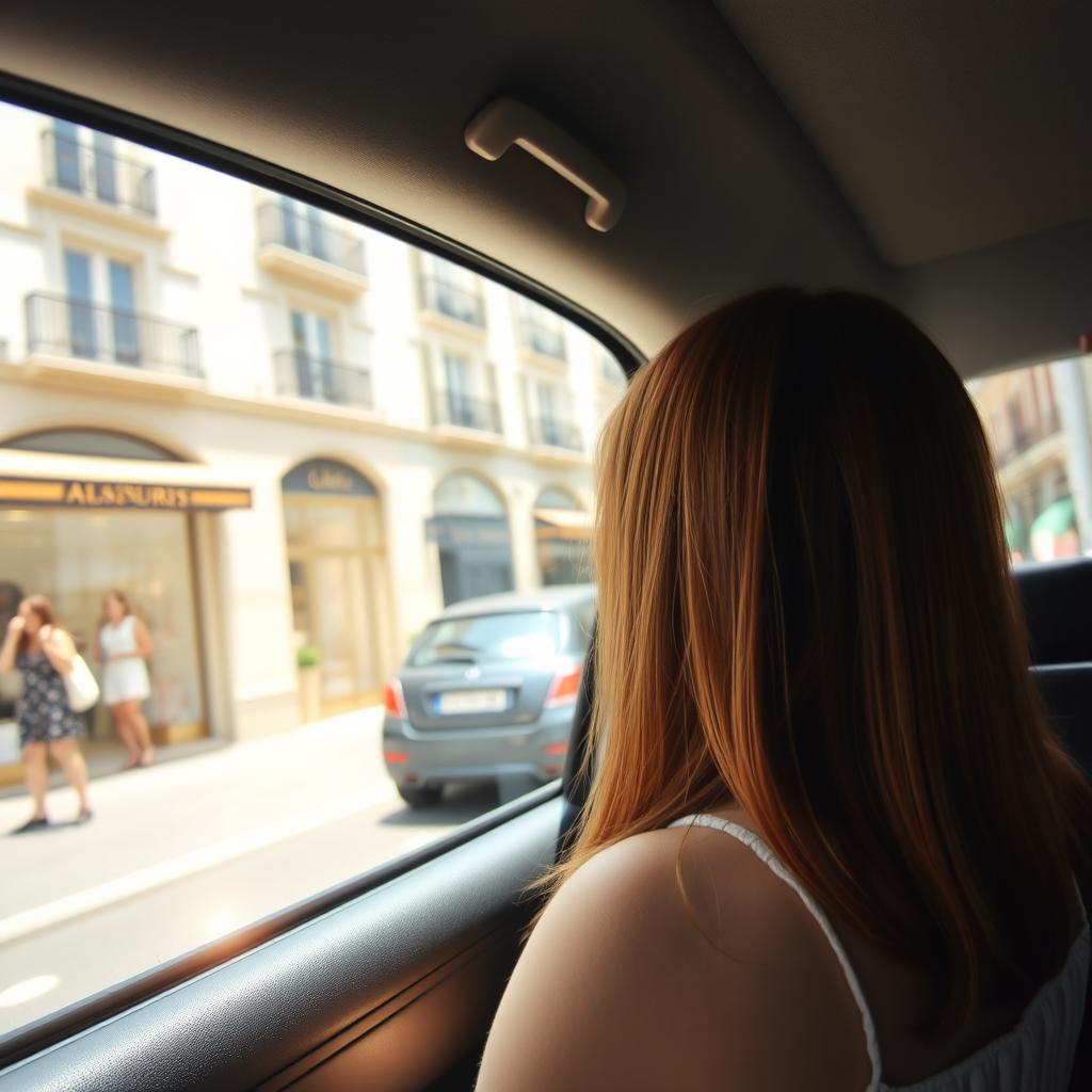A 16-year-old girl sitting in the back seat of a taxi in Paris, gazing out the window at the picturesque street adorned with luxury boutiques