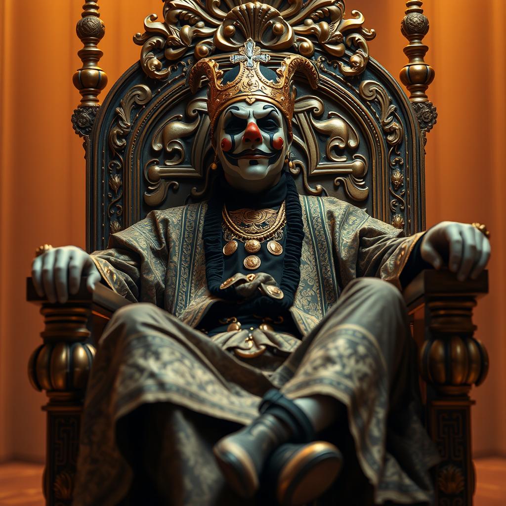 A Greek priest sitting on a majestic throne in a laid back relaxed position