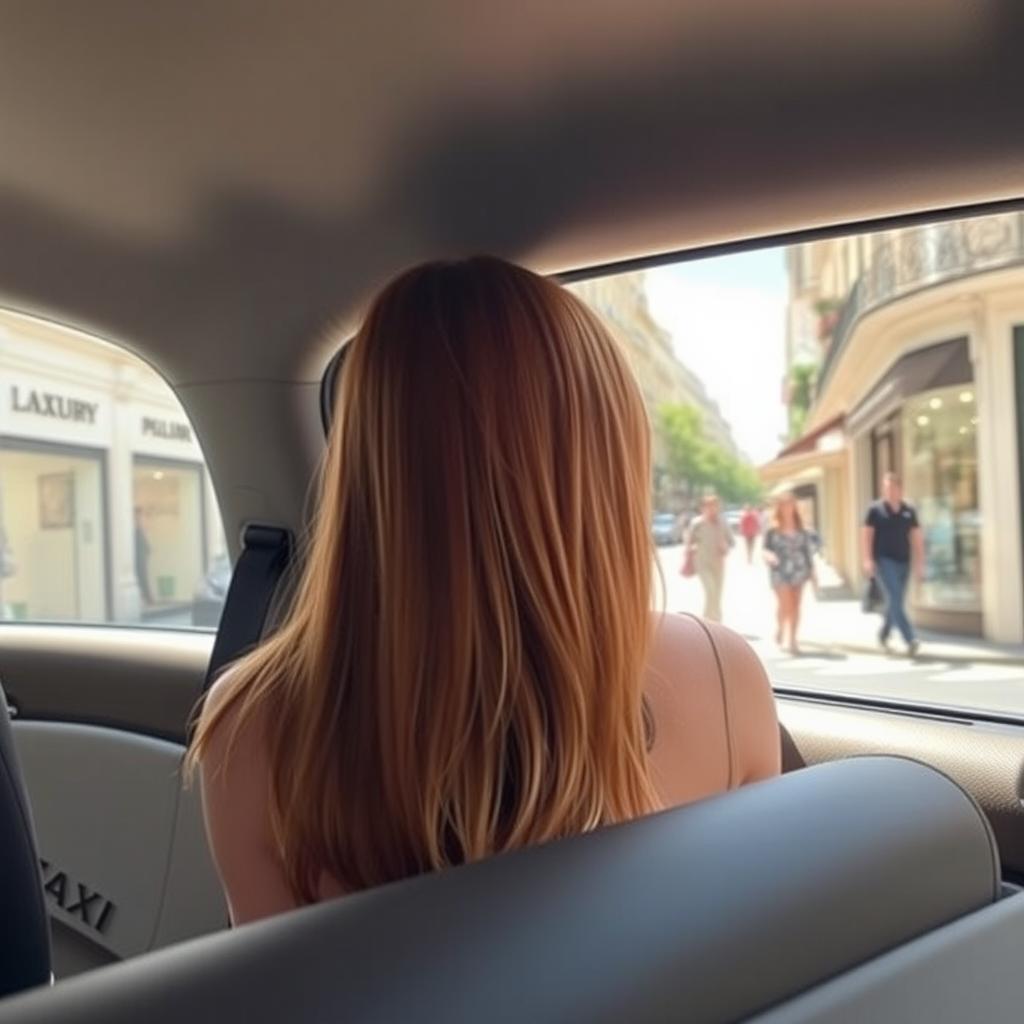 A young woman sitting in the back of a taxi in Paris, looking out the window at a bustling street lined with luxury boutiques