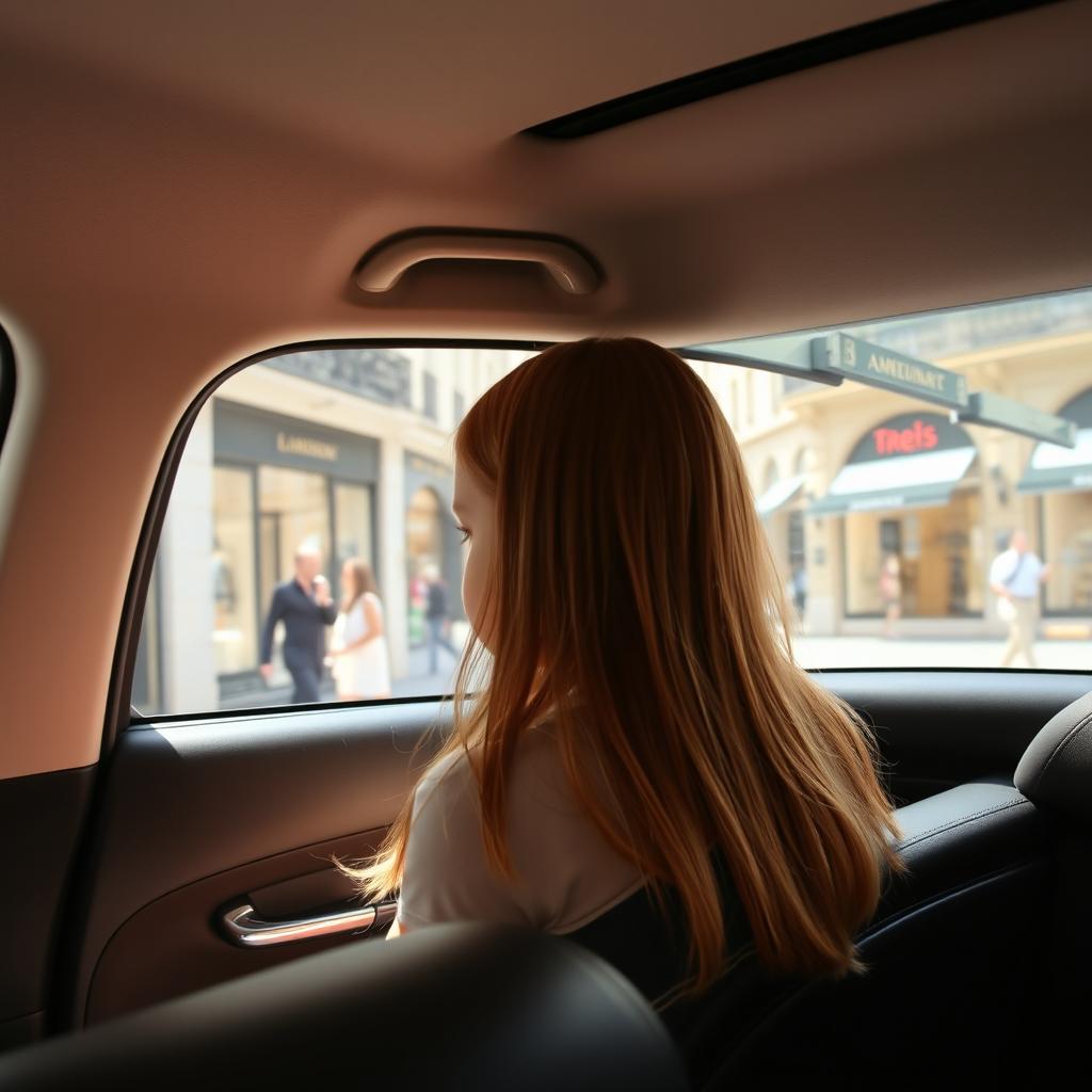 A young girl sitting in the back of a taxi in Paris, gazing out the window at a stunning street lined with luxury boutiques