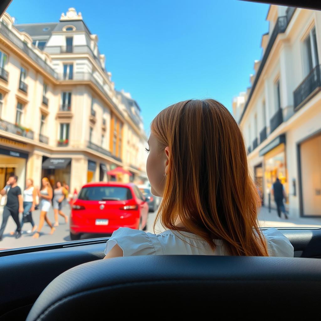 A young girl sitting in the back of a taxi in Paris, intently looking out the window at a vibrant street lined with luxury boutiques