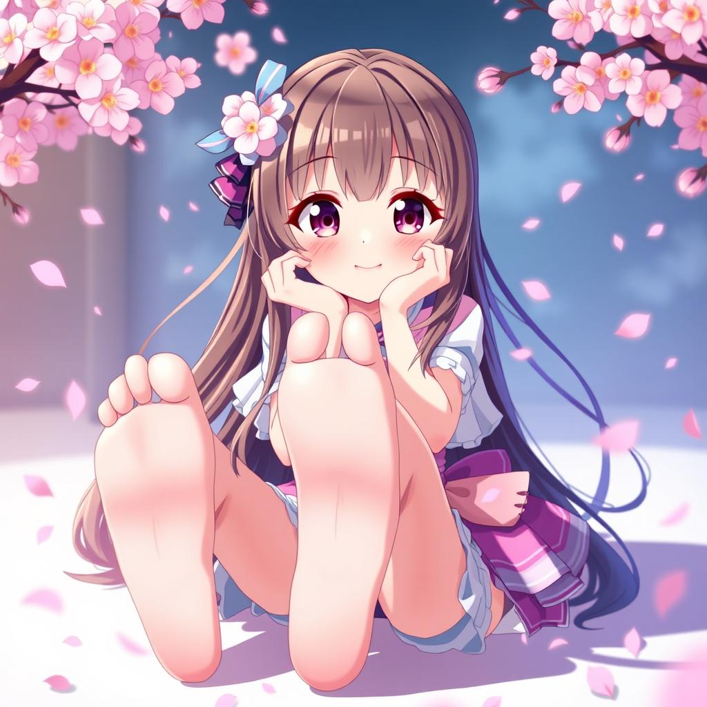 An anime woman playfully showcasing her feet, sitting in a relaxed pose