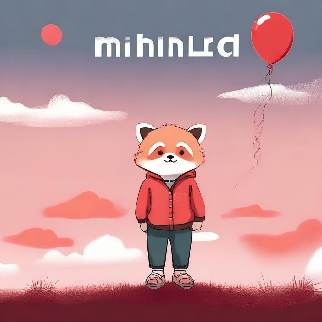 A child with a red panda face, sitting in profile gazing at a landscape with a cloudy red sky, holding a balloon in his hand with the word 'minimal' written on it