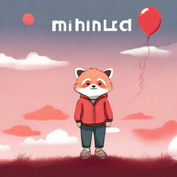 A child with a red panda face, sitting in profile gazing at a landscape with a cloudy red sky, holding a balloon in his hand with the word 'minimal' written on it