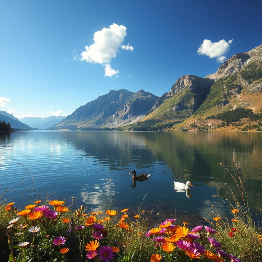 A beautiful landscape featuring a serene lake surrounded by majestic mountains under a clear blue sky, with vibrant wildflowers in the foreground