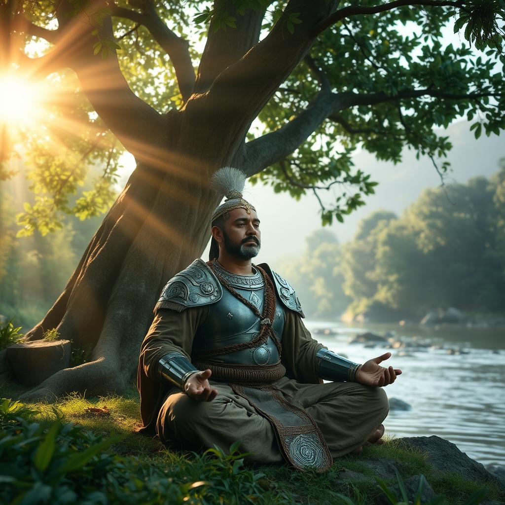 An ancient Nepali king in traditional armor, meditating peacefully under a majestic Bodhi tree by the serene Kali Gandaki river