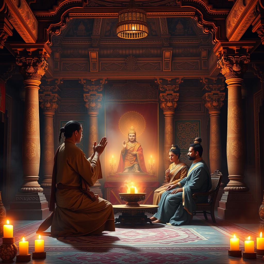 A tantric priest performing ancient rituals inside a beautifully detailed Malla-era palace, surrounded by traditional architecture with intricate wood carvings, stone pillars, and colorful tapestries