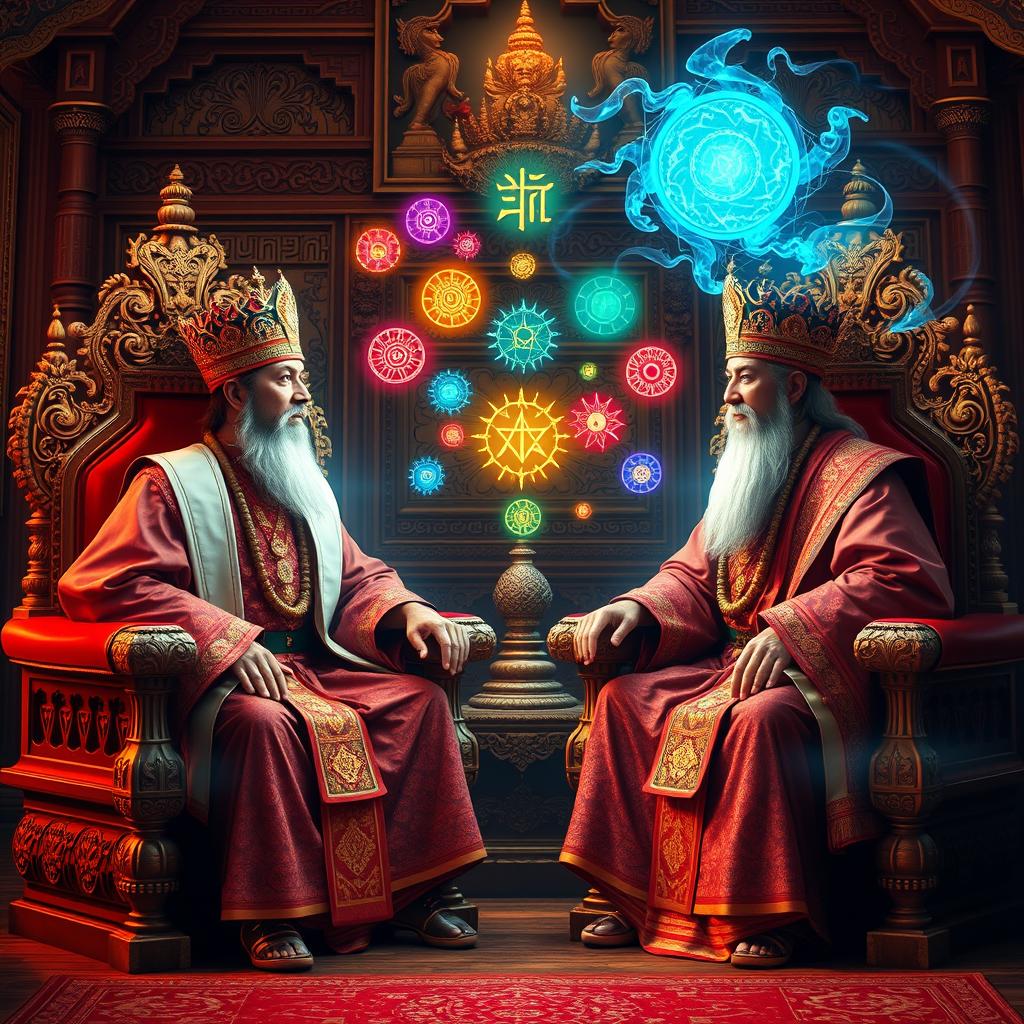 In a traditional throne room, two Nepali kings sit on ornate royal thrones, adorned in elaborate traditional attire