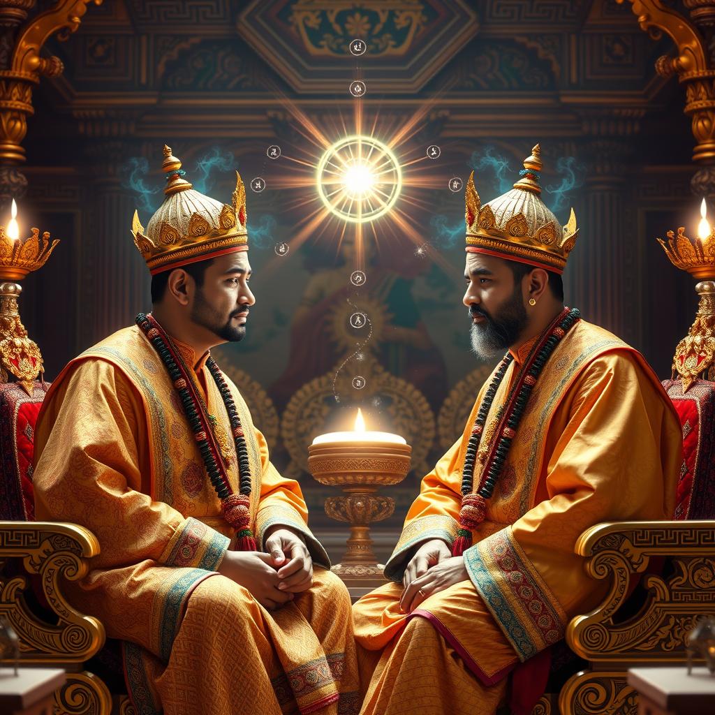 Two Nepali kings seated in a majestic royal assembly, their traditional attire richly adorned with gold and intricate patterns