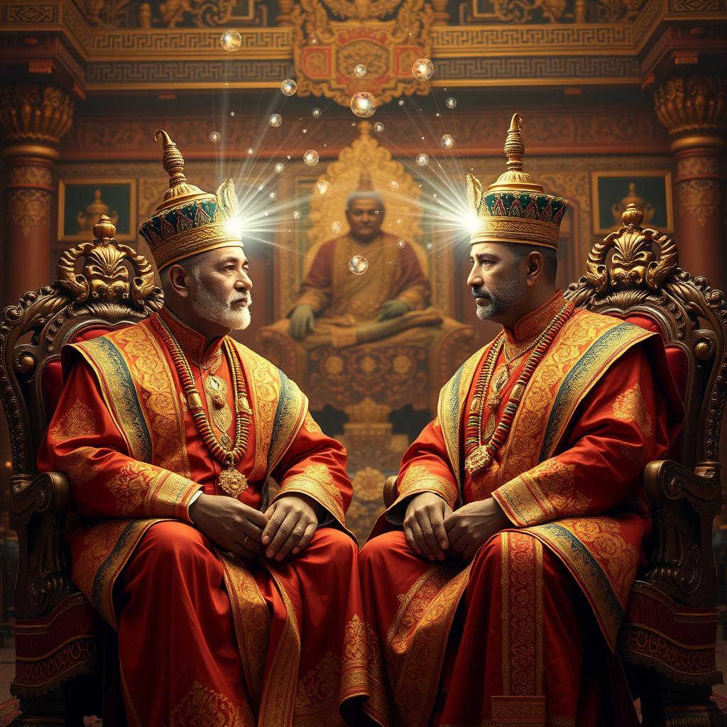 Two Nepali kings seated in a grand royal assembly, dressed in stunning traditional attire embellished with elaborate gold embroidery and ornamental jewelry