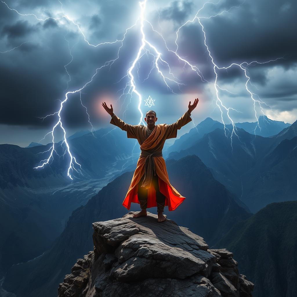 A mystic figure standing majestically on the rugged cliffs of Mustang, commanding the skies with powerful hand gestures to summon dark rain clouds