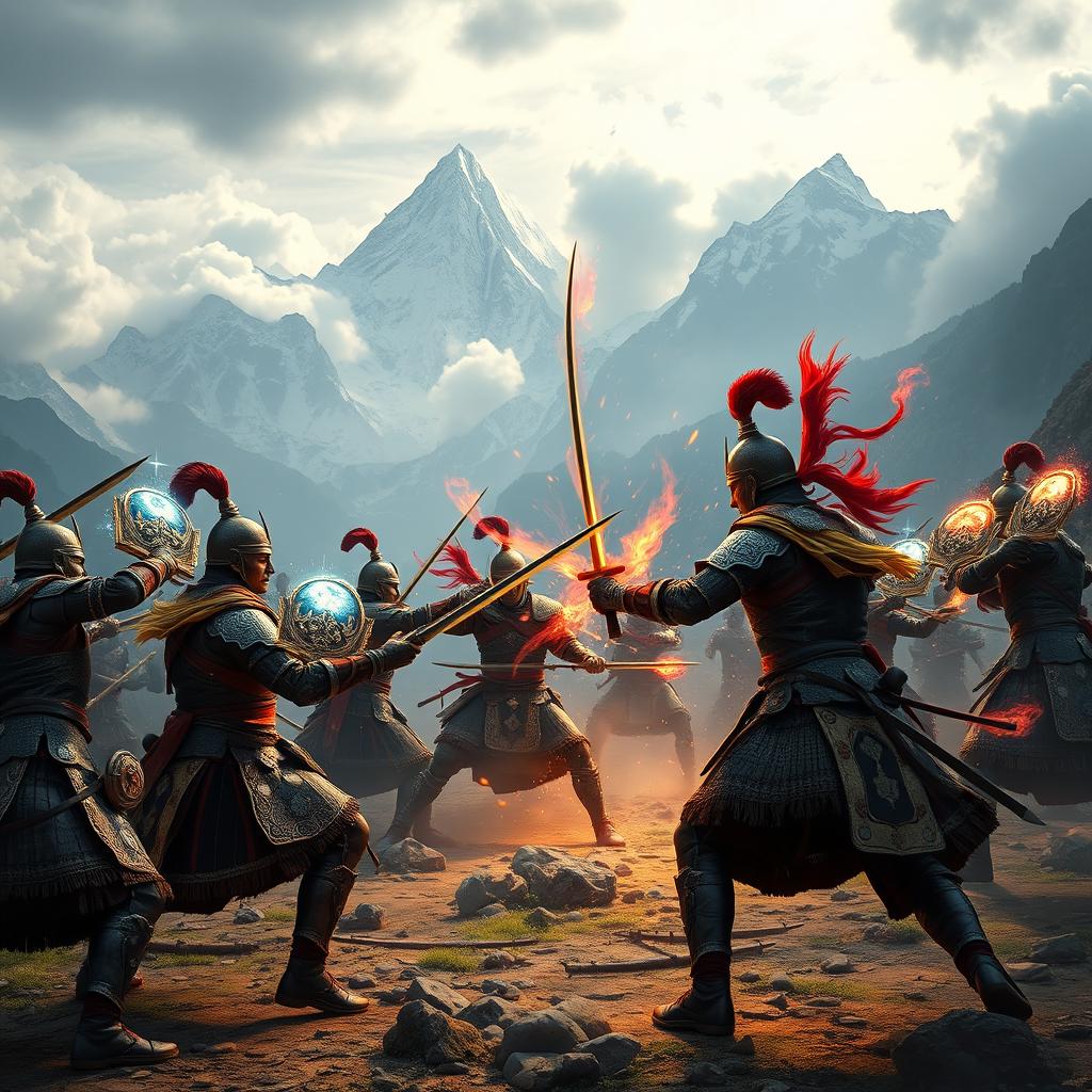 An epic battlefield scene set in the majestic mountains of Nepal, showcasing ancient Nepali warriors clad in traditional armor, engaged in a fierce magical battle