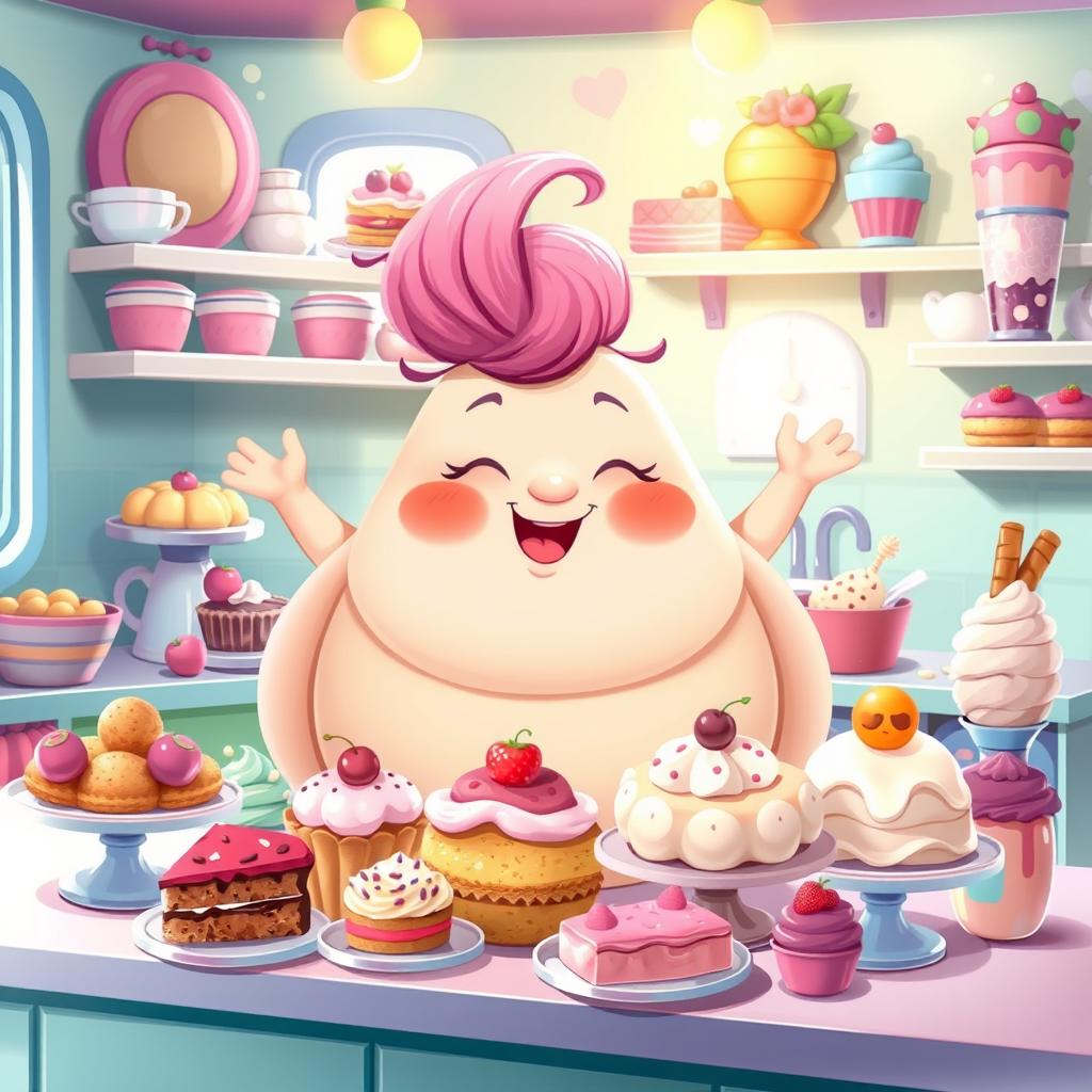 A charming and whimsical scene illustrating a playful character who has magically transformed into a plump version of themselves, showcasing a round face and cheerful expression