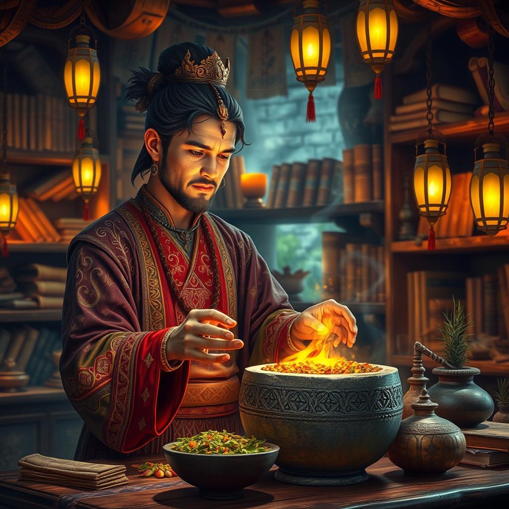 A royal healer with a serene expression, deeply focused on mixing a variety of ancient herbs in a beautifully crafted stone mortar, while chanting over a glowing, bubbling potion in a fantasy lab of medieval Nepal