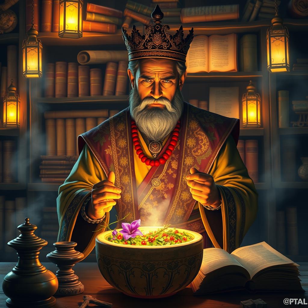 A royal healer with a wise and serene expression, carefully mixing a variety of vibrant ancient herbs in an elegant stone mortar while chanting over a mesmerizing, glowing potion that bubbles softly