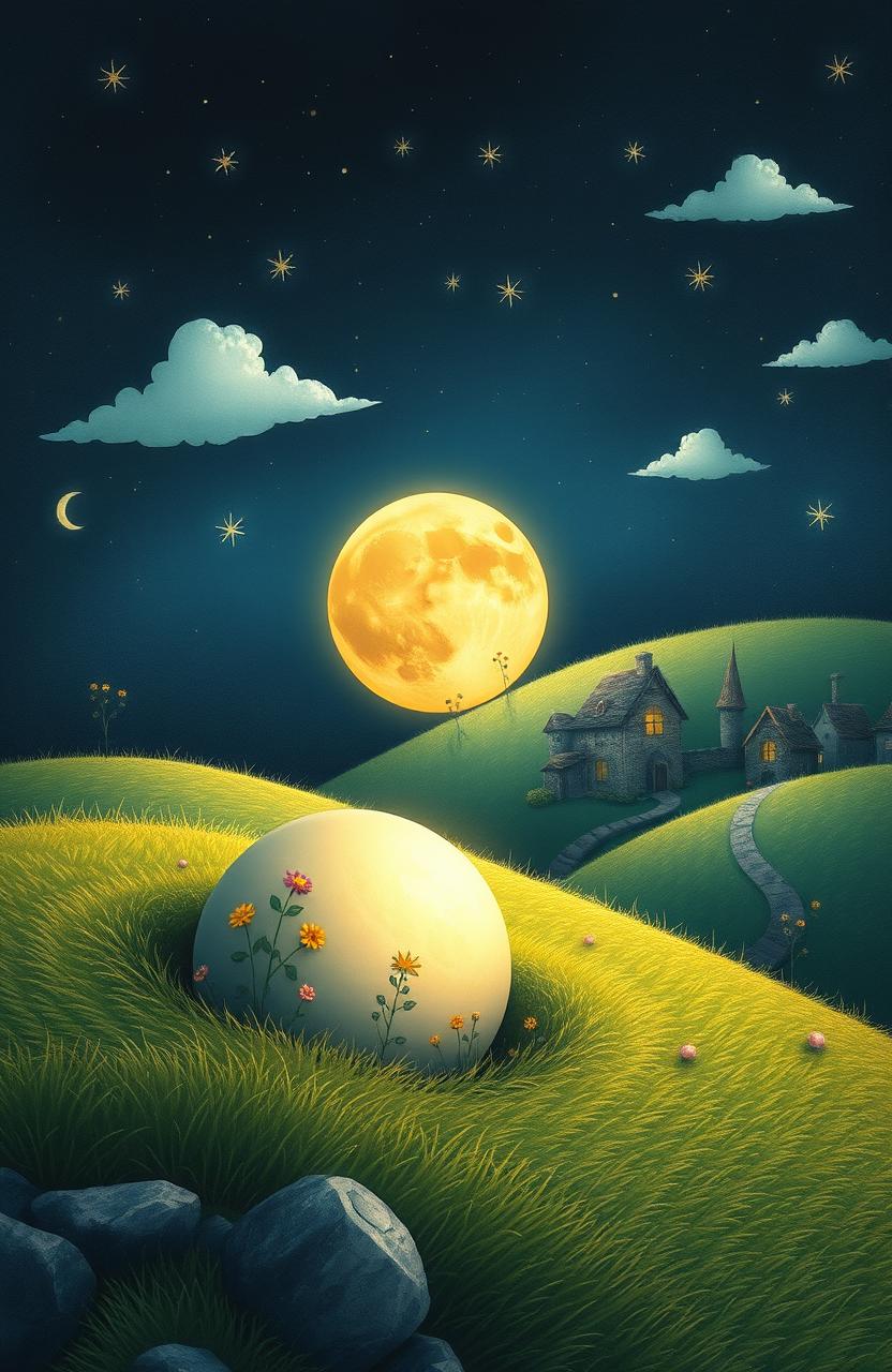 A whimsical scene depicting the moon having fallen to the earth, nestled among lush green hills under a starry sky