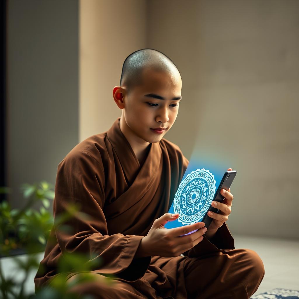 A modern young monk sitting in a tranquil environment, focused intently on using a sleek smartphone that lights up with a glowing mandala on the screen