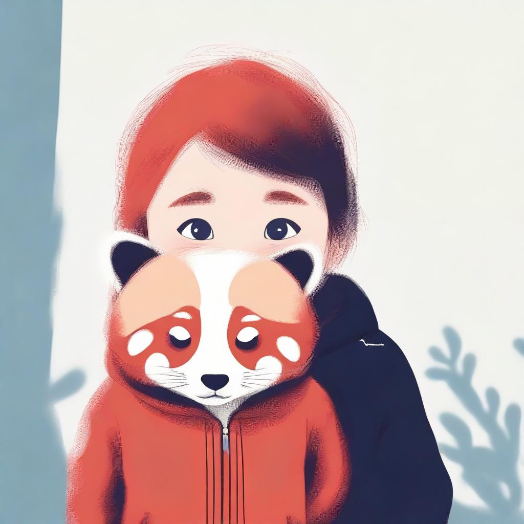 A sad-looking child with a red panda's face