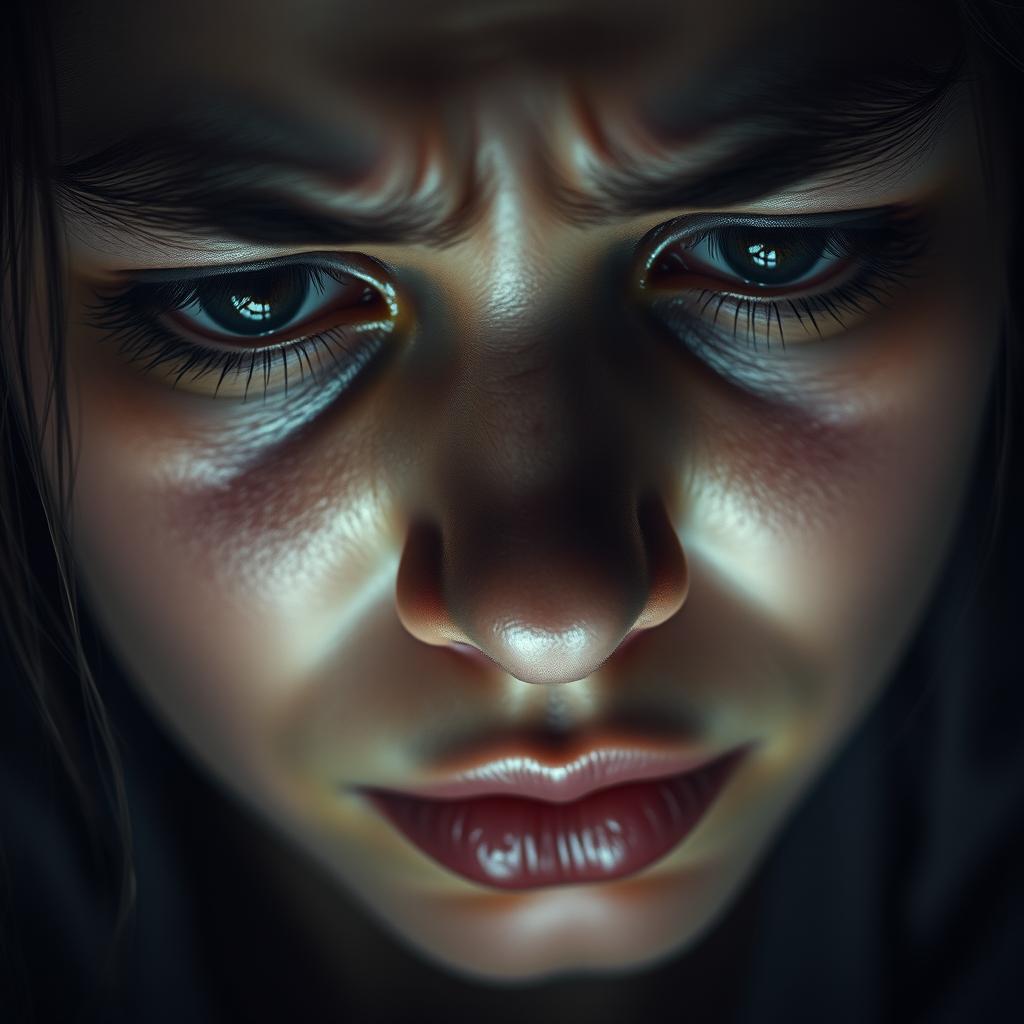 A close-up portrait of a person with a deeply sad expression, tears streaming down their cheeks, reflecting raw emotion and heartache