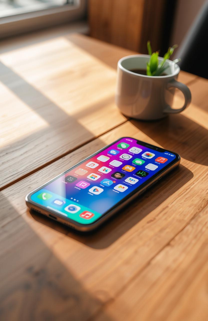 A sleek modern smartphone lying on a wooden table, displaying a vibrant home screen with colorful app icons