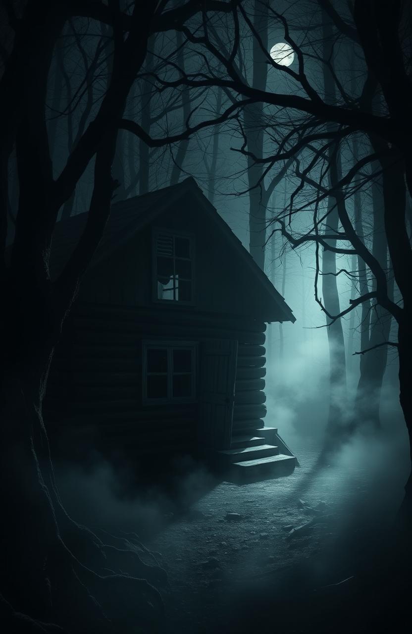 A dark, eerie cabin deep in a dense, foggy forest, with gnarled trees surrounding it