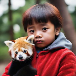 A sad-looking child with a red panda's face