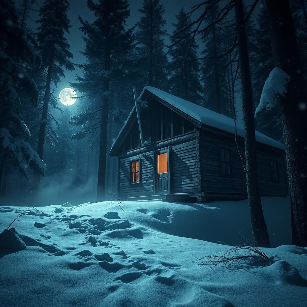 A dark, eerie cabin in the woods blanketed with fresh snow, surrounded by tall, imposing trees