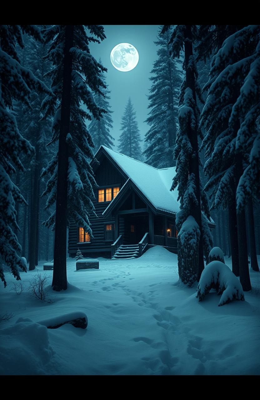 A terrifying gigantic cabin in the woods, surrounded by thick, snow-covered trees and a heavy blanket of snow on the ground