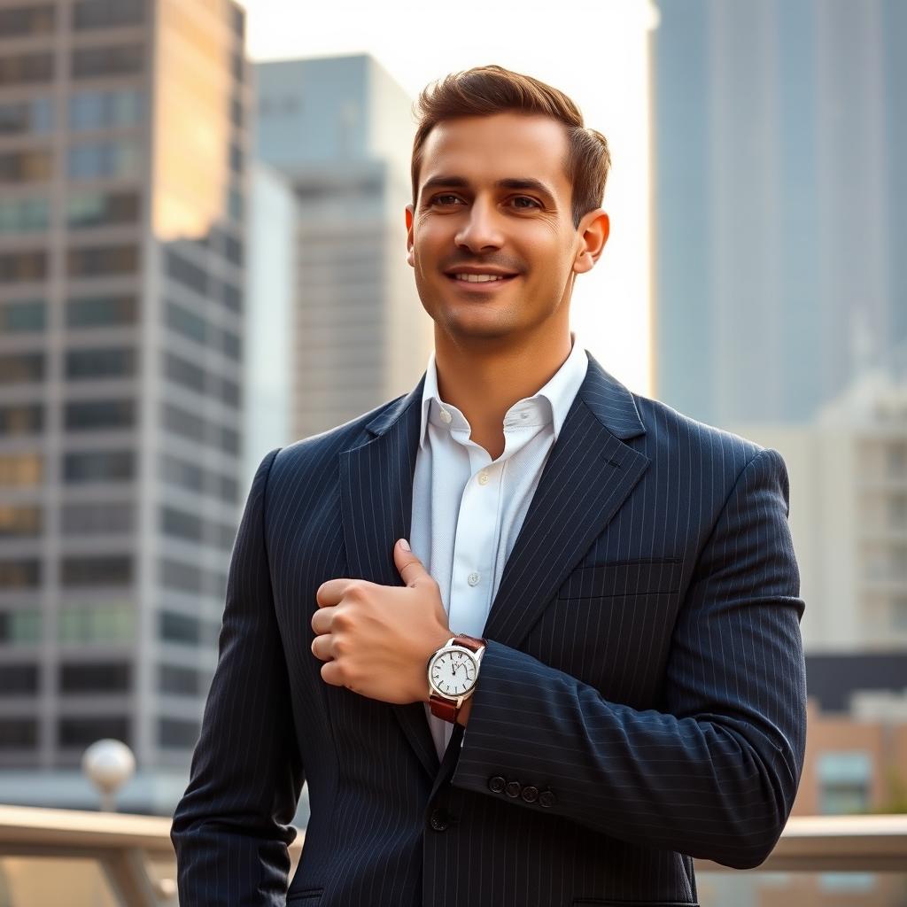 A sophisticated individual wearing a tailored suit coat, exuding confidence and elegance