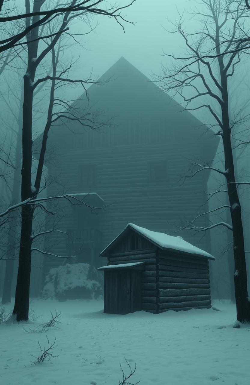 A terrifying, gigantic cabin looming in a dark, snowy wood, shrouded in a thick mist