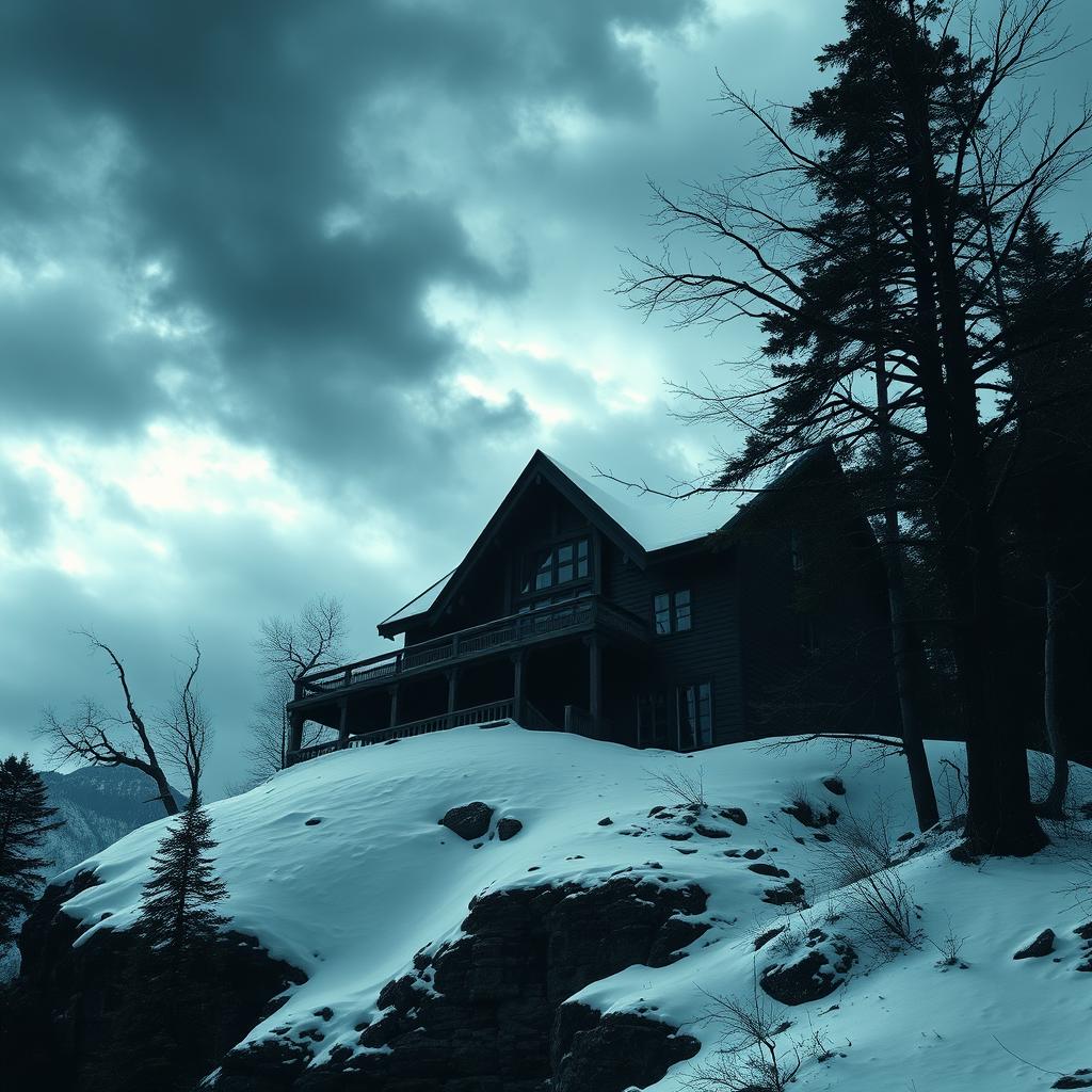 A massive, foreboding cabin perched on a snow-capped mountain, surrounded by dense, shadowy trees