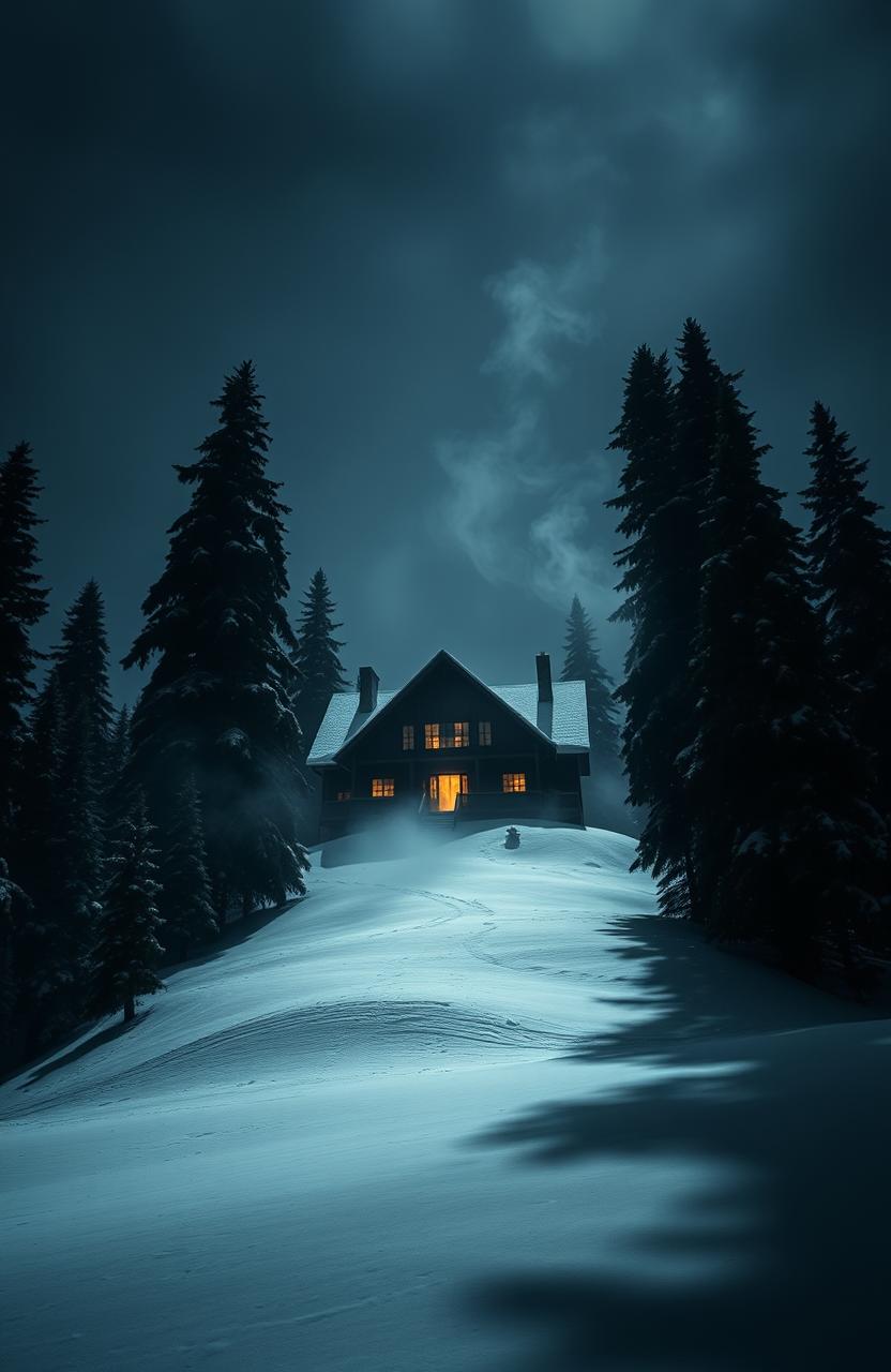 A gigantic, imposing cabin perched on a snow-covered mountain, surrounded by tall, sinister trees that seem to loom ominously