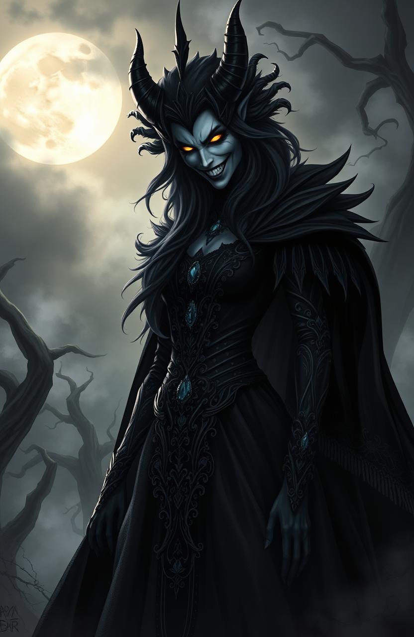 A dark and menacing depiction of an evil queen shrouded in shadow, her piercing eyes glowing ominously