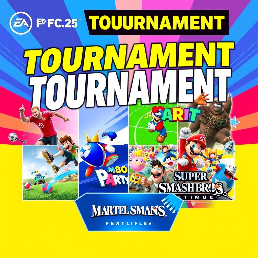 A dynamic tournament announcement poster featuring vibrant artwork and visual elements representing the four video games: EA FC 25, Rocket League, Mario Party, and Super Smash Bros