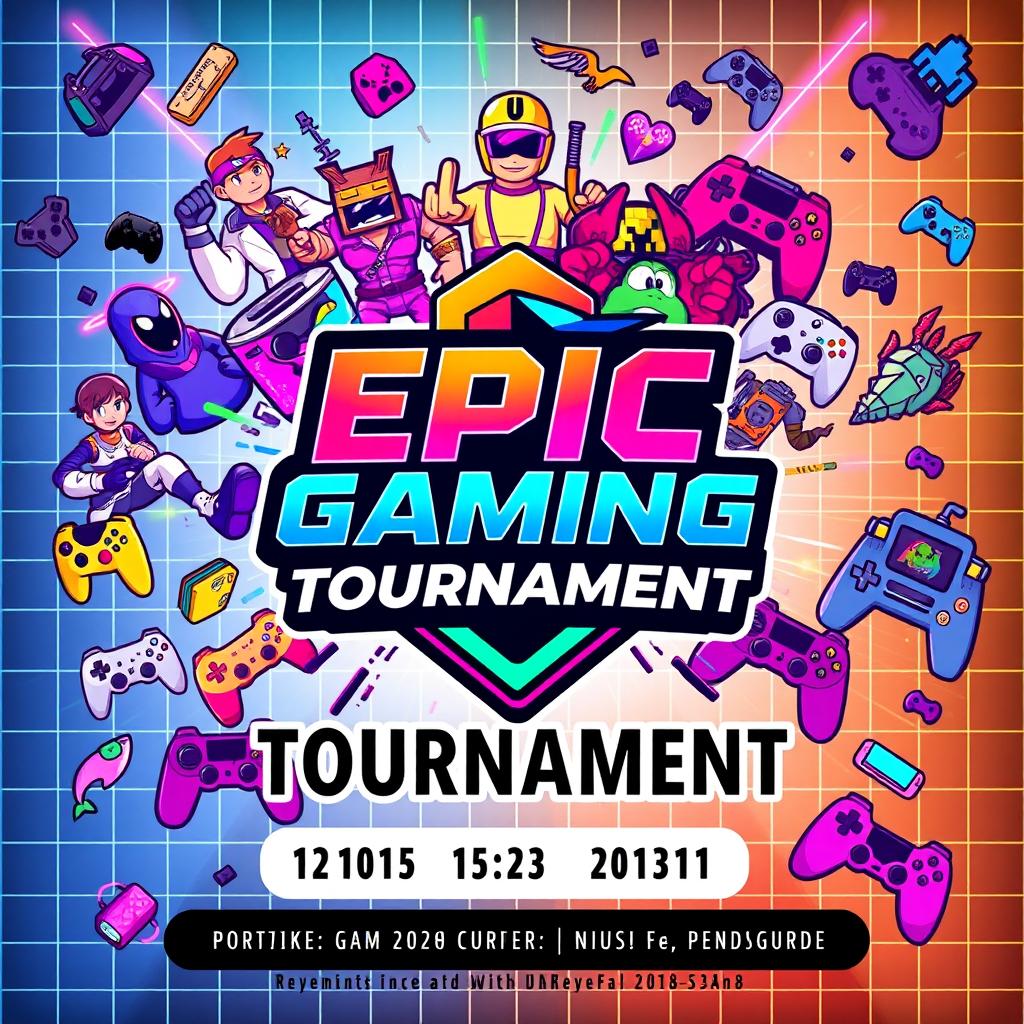 A vibrant tournament announcement poster featuring various video games