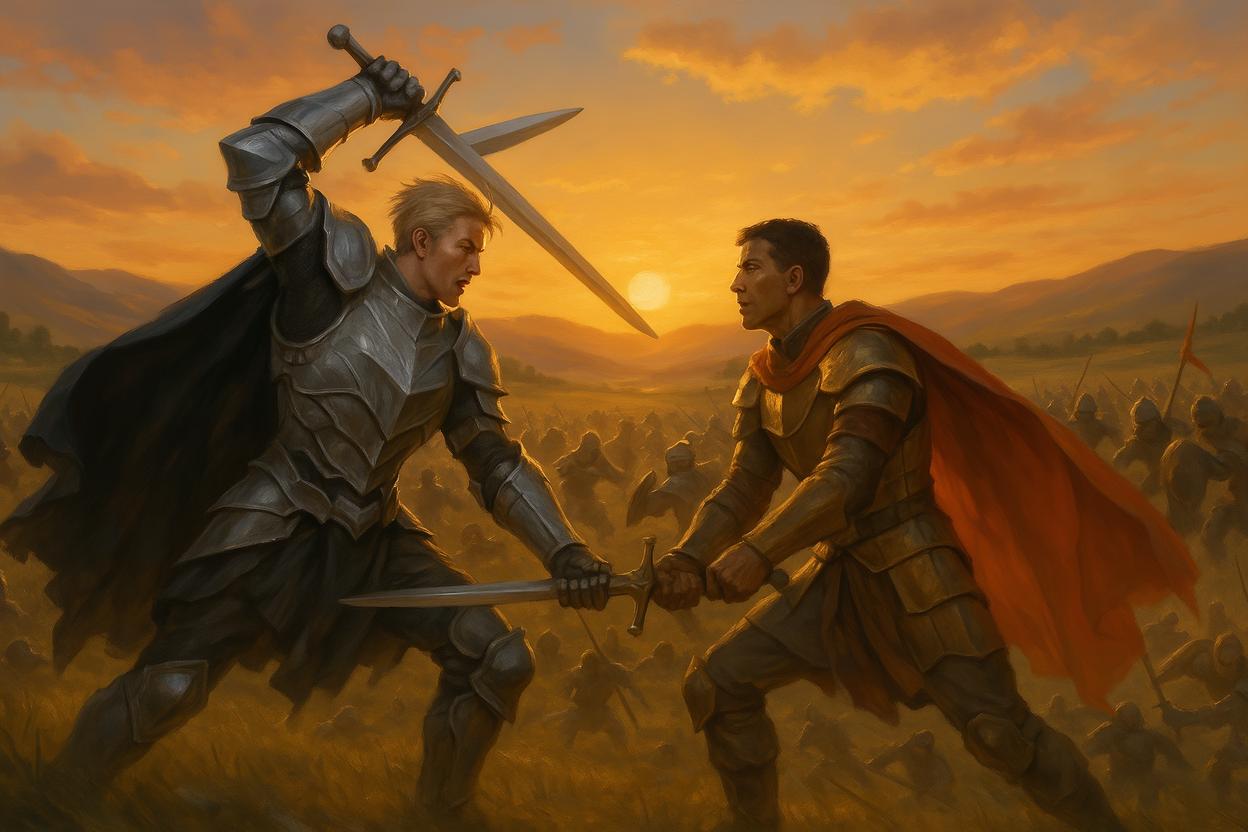 A dramatic battle scene featuring two knights clashing swords at sunset