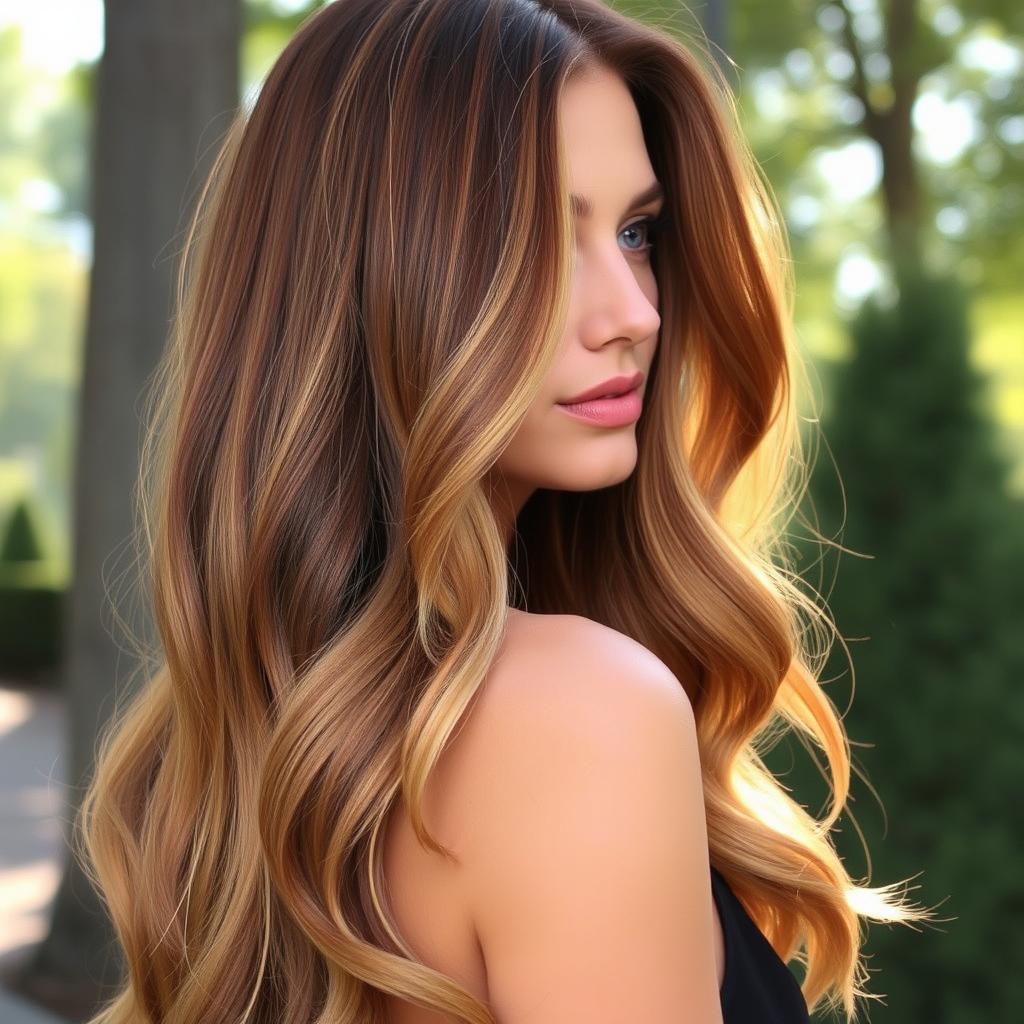 A beautiful woman with long, flowing hair, showcasing a stunning hair color that shifts with light