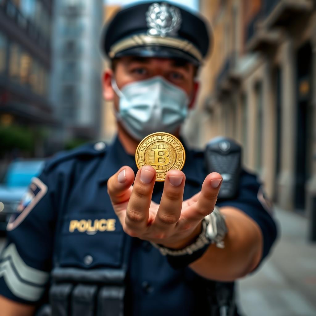 A police officer holding a small gold medallion in the palm of his hand
