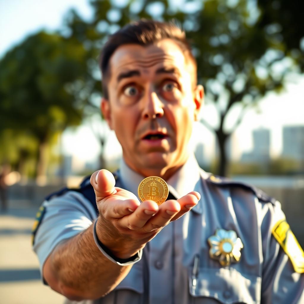 A surprised police officer holding a small golden medallion in the palm of his hand, looking astonished at his discovery