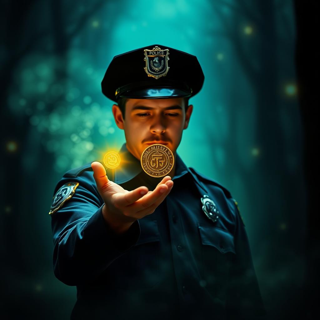 A police officer in a dark, mystical forest, holding a small golden medallion in the palm of his hand, intently observing it